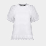 Tulle Overlay Puff Sleeve Lace T-Shirt - Simone Rocha - Cotton - White