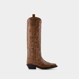 Embroidered Western Boots in Brown Leather