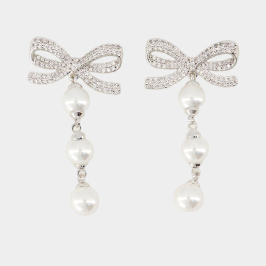 Bow Tiered Pearl Earrings - SELF PORTRAIT - Silver - White