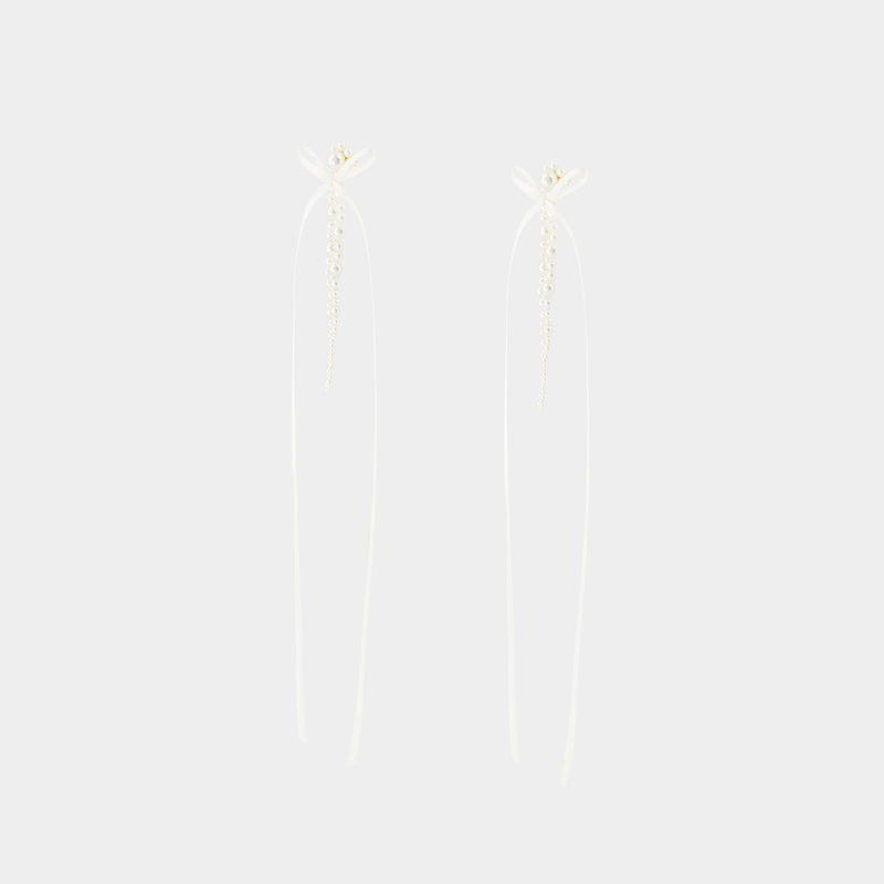 Slim Bow Ribbon Drip Earrings - Simone Rocha - Crystal - White