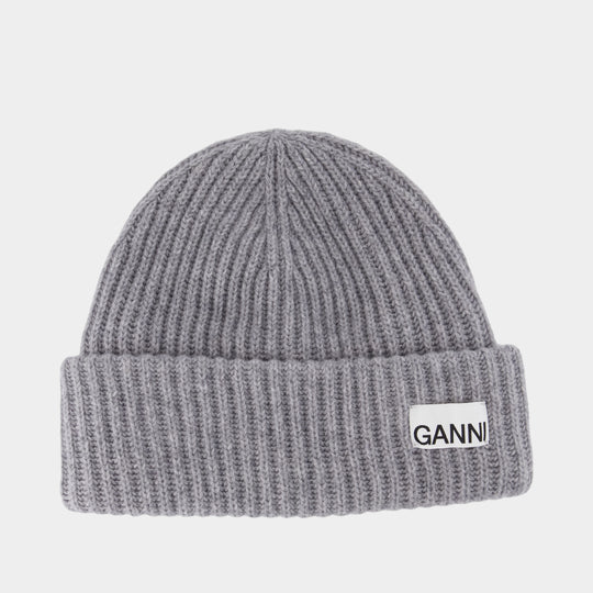 Structured Rib Beanie - Ganni - Wool - Grey