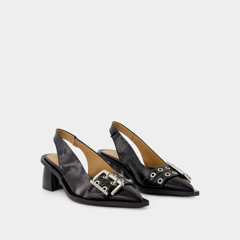 Feminine Buckle Slingback - Ganni - Synthetic Leather - Black