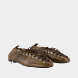 Eyelets Lace Up Crinkle Ballerinas - Ganni - Synthetic - Green