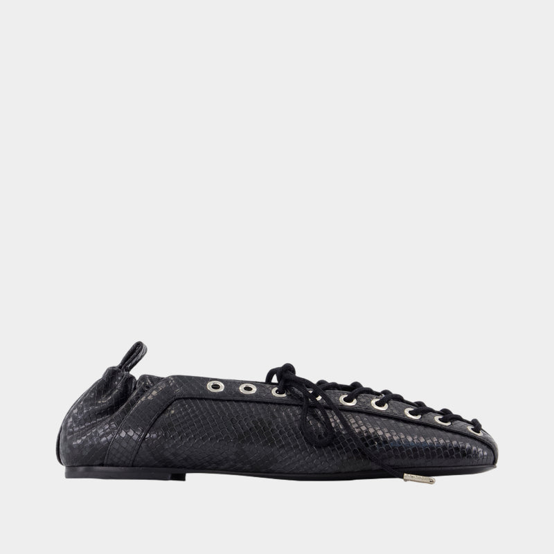Eyelets Lace Up Snake Ballerinas - Ganni - Synthetic - Black