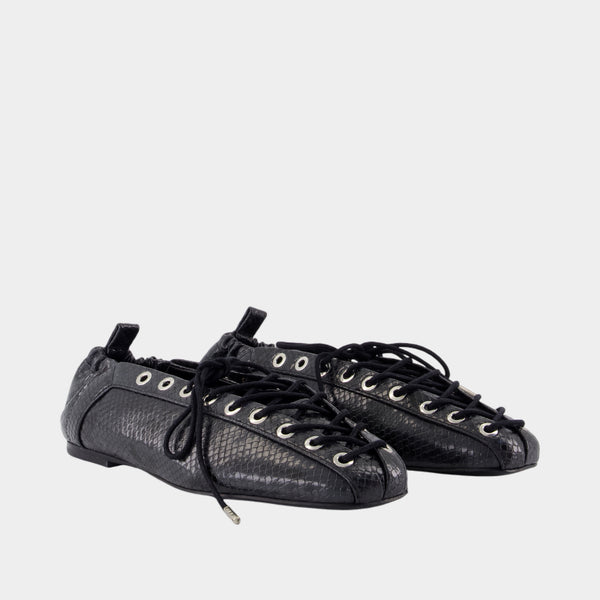 Eyelets Lace Up Snake Ballerinas - Ganni - Synthetic - Black