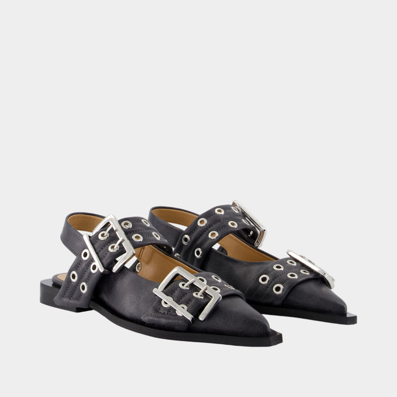 Feminine Buckle Vintage Ballerinas - Ganni - Leather - Grey