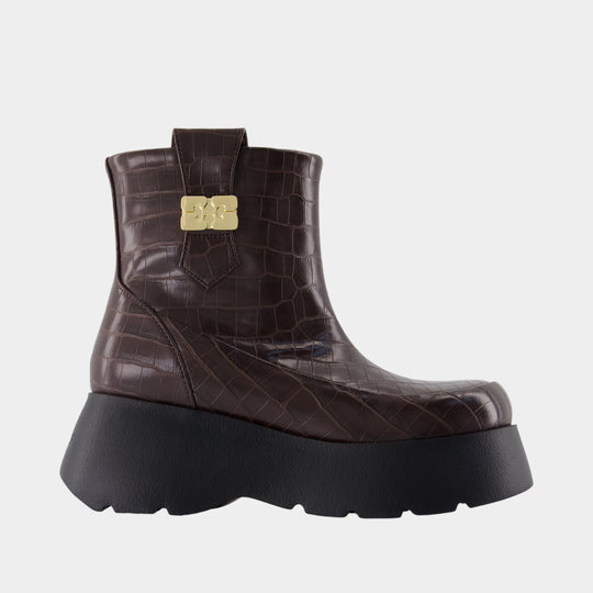 Kat Low Croco Ankle Boots - Ganni - Leather - Brown