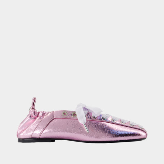 Eyelet Lace Up Crinkle Ballerinas - Ganni - Synthetic - Pink