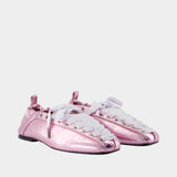 Eyelet Lace Up Crinkle Ballerinas - Ganni - Synthetic - Pink