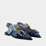 Feminine Buckle Ballerinas - Ganni - Cotton - Blue
