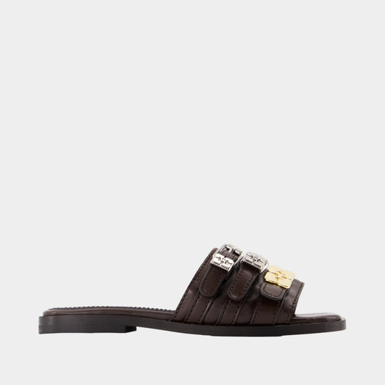 Sue Triple Flat Crinkle Sandals - Ganni - Synthetic - Brown