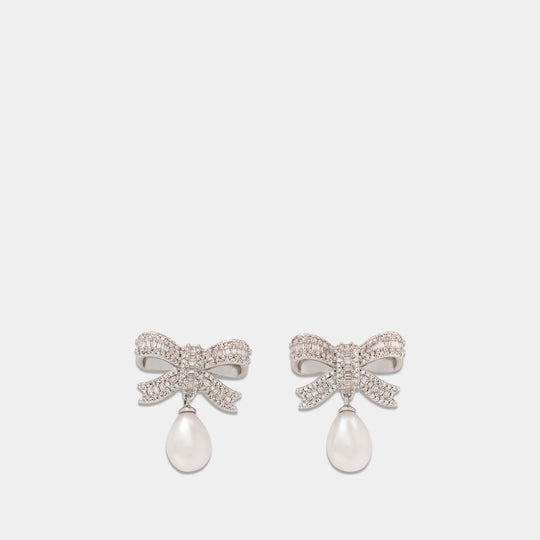 Crystal Bow Pearl Droplet Earrings - SELF PORTRAIT - Metal - Silver