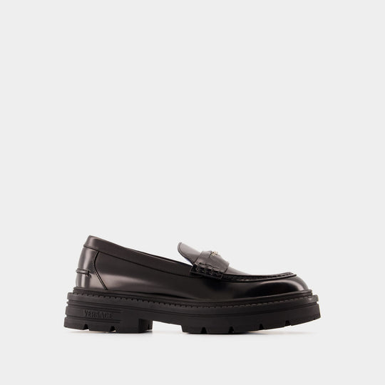 Loafers Calf Leather Flat Shoes - Versace - Calfskin - Black