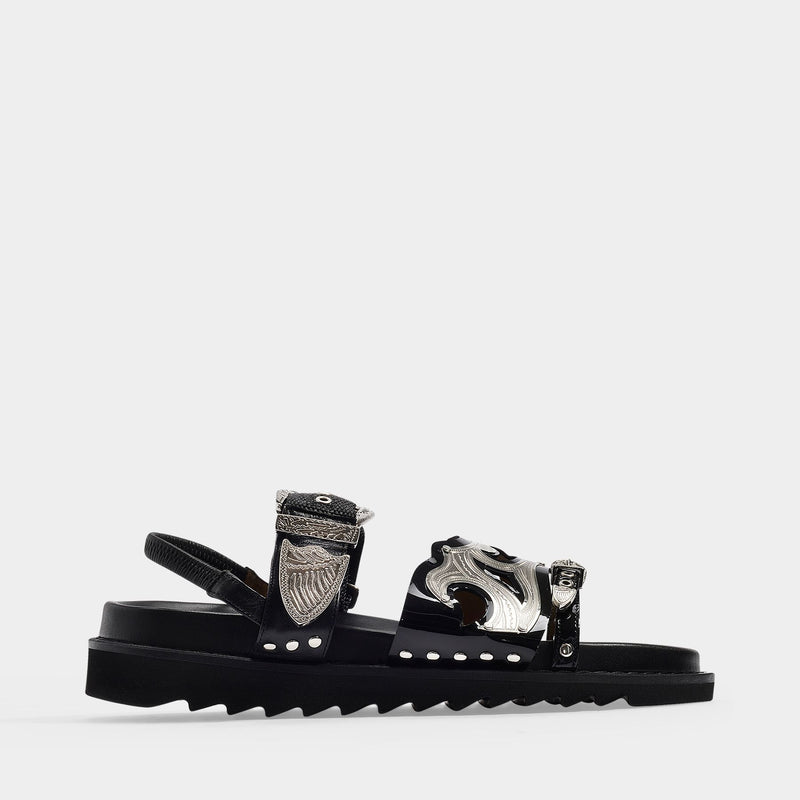 Flat Sandals in Black Leather with Metallic Straps