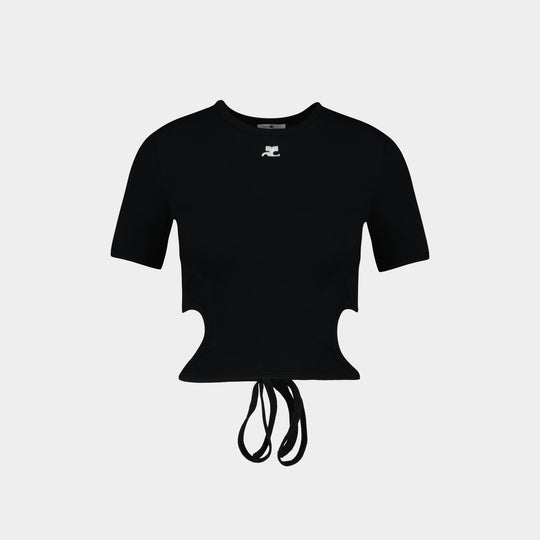 Ribbon Cut Out Contrast T-Shirt - Courreges - Cotton - Black