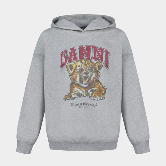 Isoli Beaded Baby Tiger Print Hoodie - Ganni - Cotton - Grey