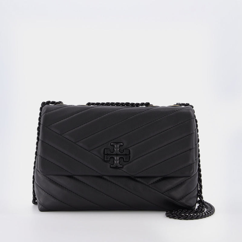 Kira Chevron Powder Coated Small Convertible Shoulder Bag in black leather