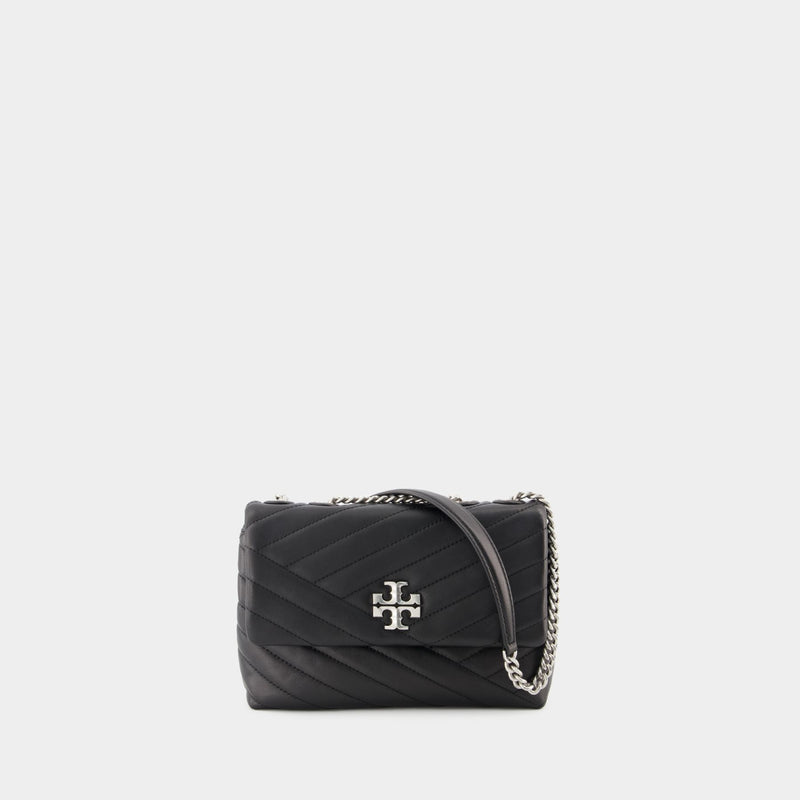 Kira Chevron Small Hobo Bag - Tory Burch -  Black/Rolled Nickel - Leather