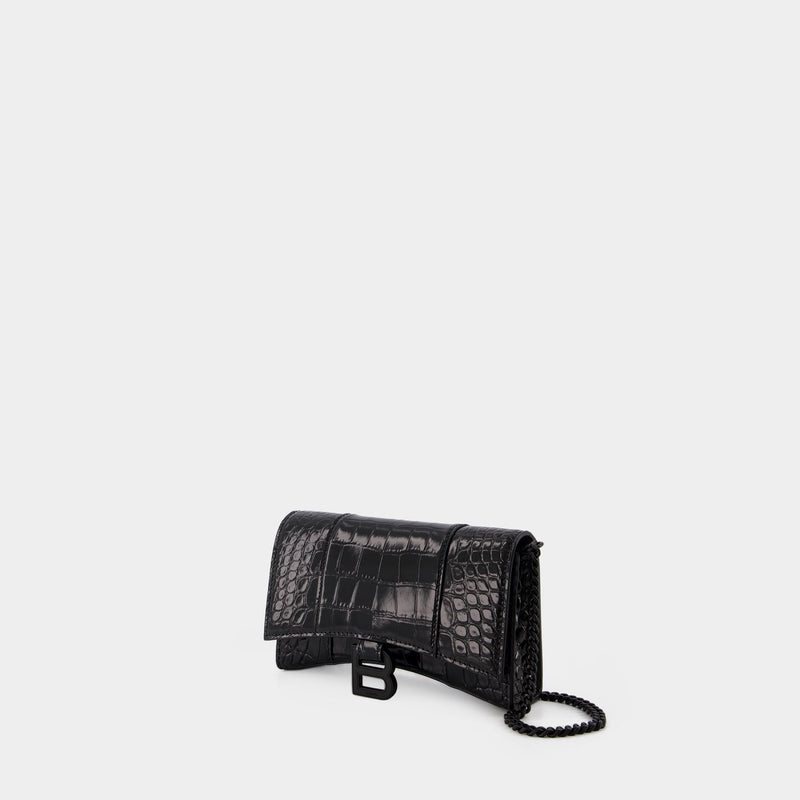 Balenciaga Women Hourglass wallet on chain in black crocodile