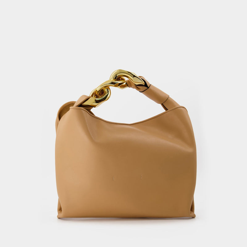 Small Chain Hobo Bag in Beige Leather