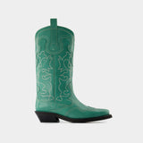 Western Mid Shaft Boots - Ganni - Kelly Green - Leather