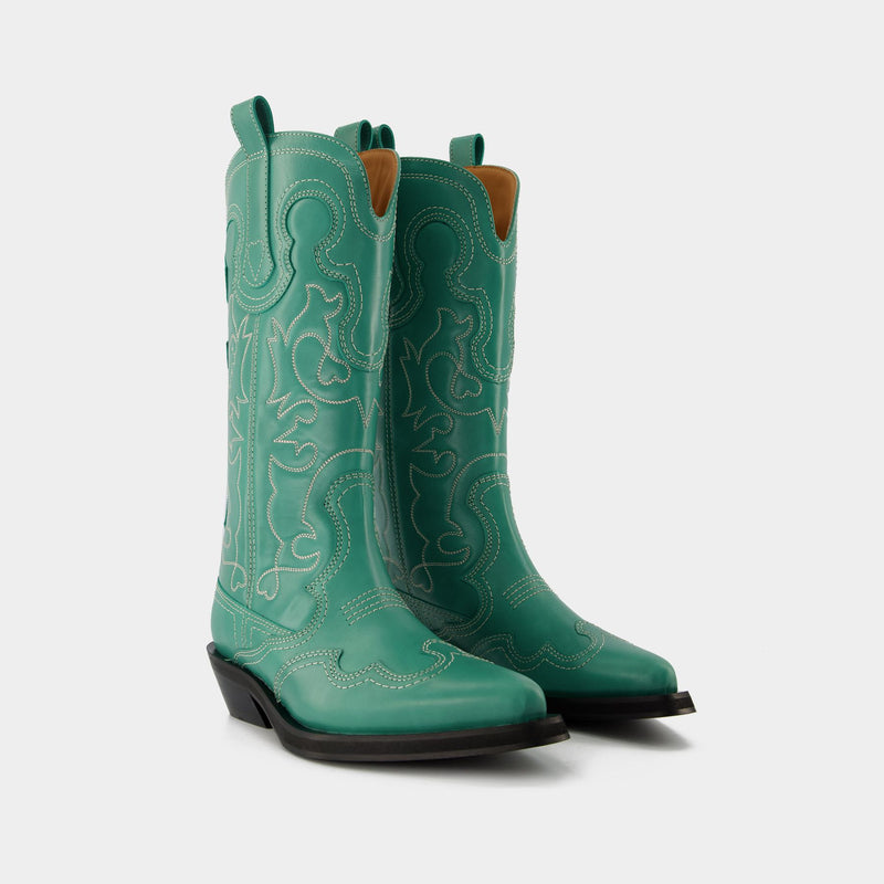 Western Mid Shaft Boots - Ganni - Kelly Green - Leather