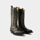 Mid Shaft Western Boots - Ganni - Leather - Black
