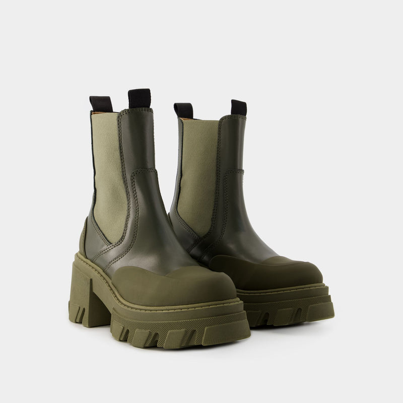 Heeled Mid Chelsea Tonal Boots - Ganni - Leather - Khaki