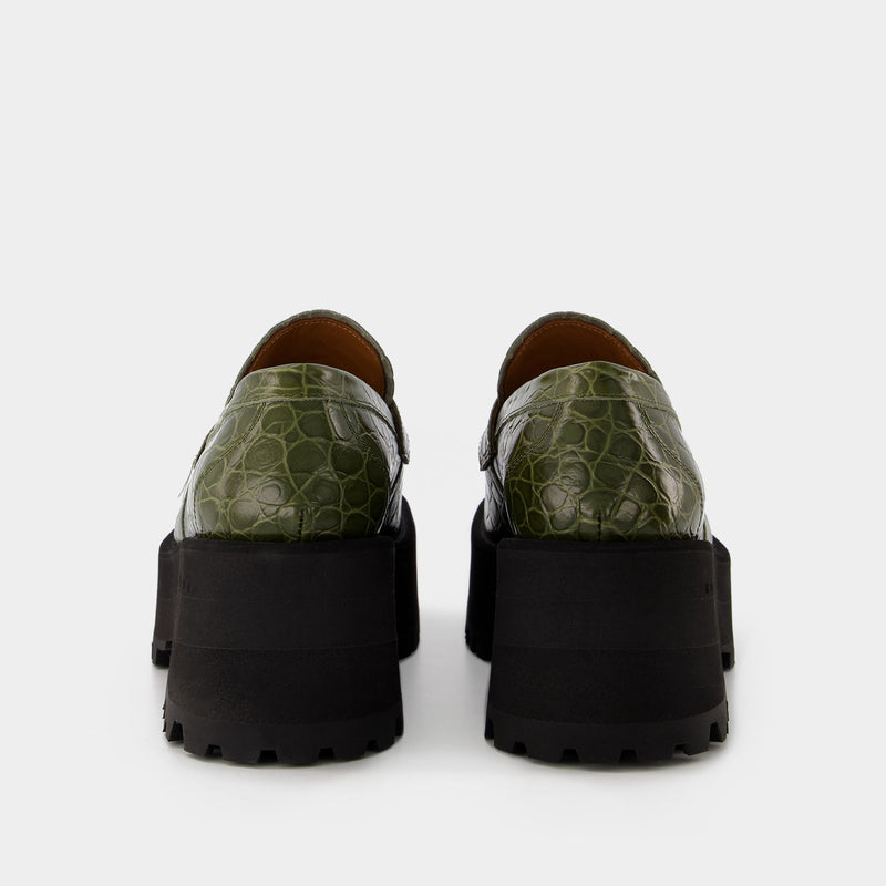 Platform Loafers Croco in Khaki Leather