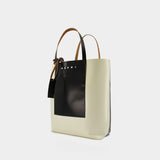 Shopping N/S W/Pocket Tote Bag - Marni - White Soie/Black - Leather