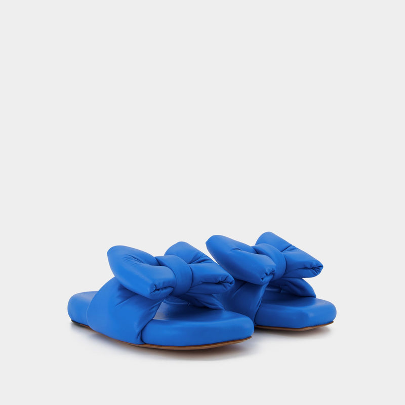 Bow Padded Slides - Off White - Blue - Leather