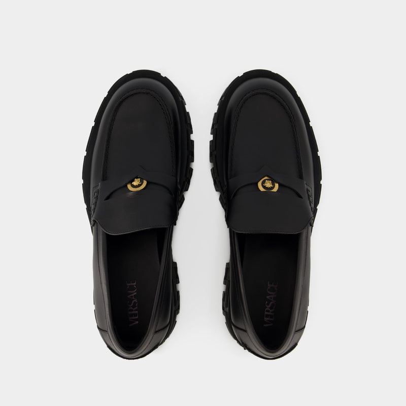 Greca Border Rubber Sole Loafer - Versace - Leather - Black
