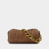 Mini Cylinder Bag in Croc Embossed Brown Leather