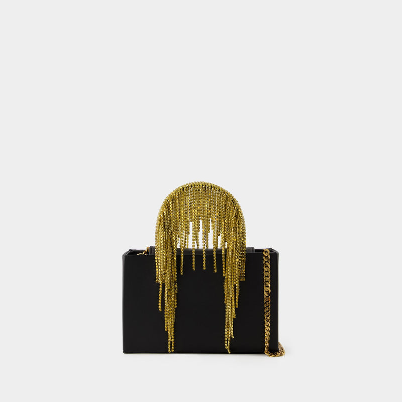 Midi Crystal Fringe Bag - Kara - Leather - Black/Gold