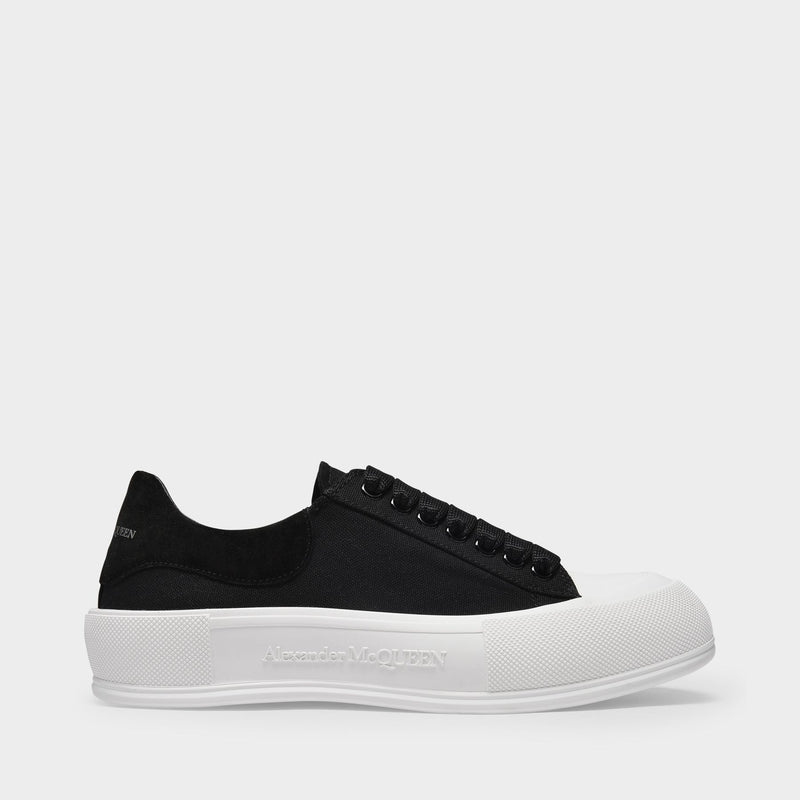 Deck Sneakers in Black Canvas and White Sole