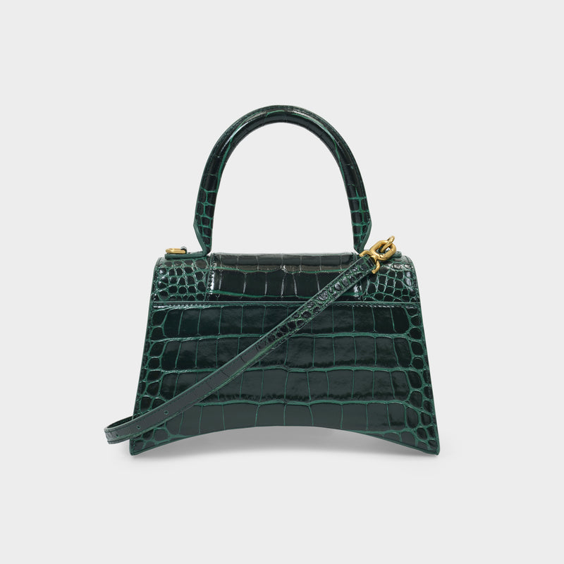 Handbag Hourglass Forest Green in Shiny Embossed Croc Leather