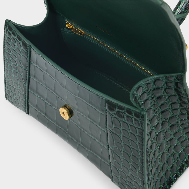 Handbag Hourglass Forest Green in Shiny Embossed Croc Leather