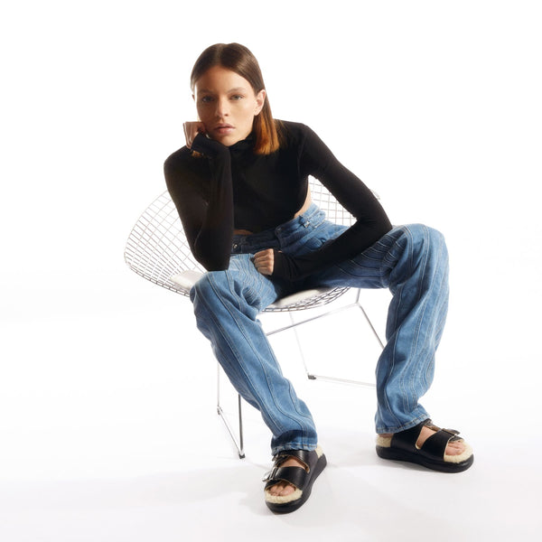 Hybrid Sandal in Black Leather and Shearling
