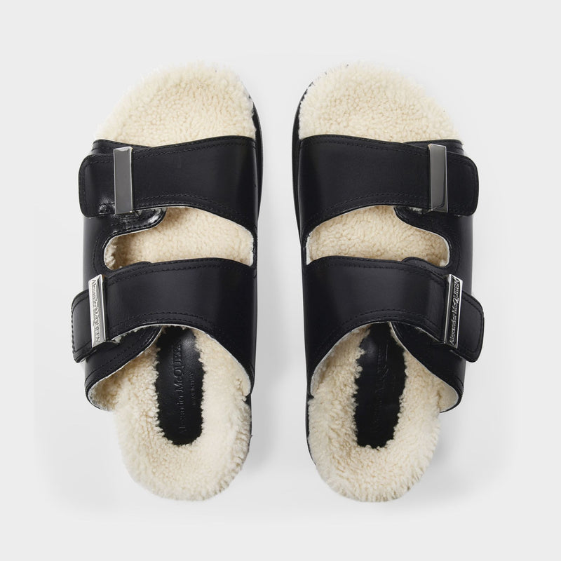 Hybrid Sandal in Black Leather and Shearling