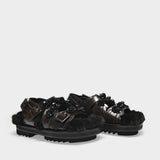 Multi-Strap Track Sandal in Black Jet Leather