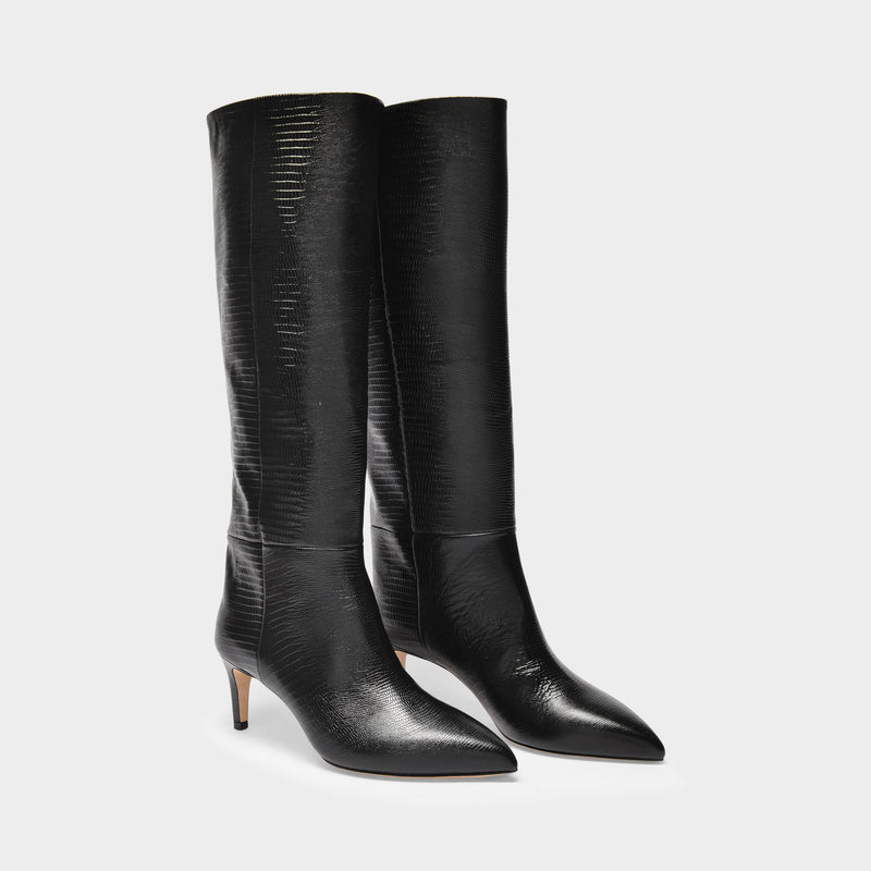 Stiletto Boots in Black Lizard Effect Leather