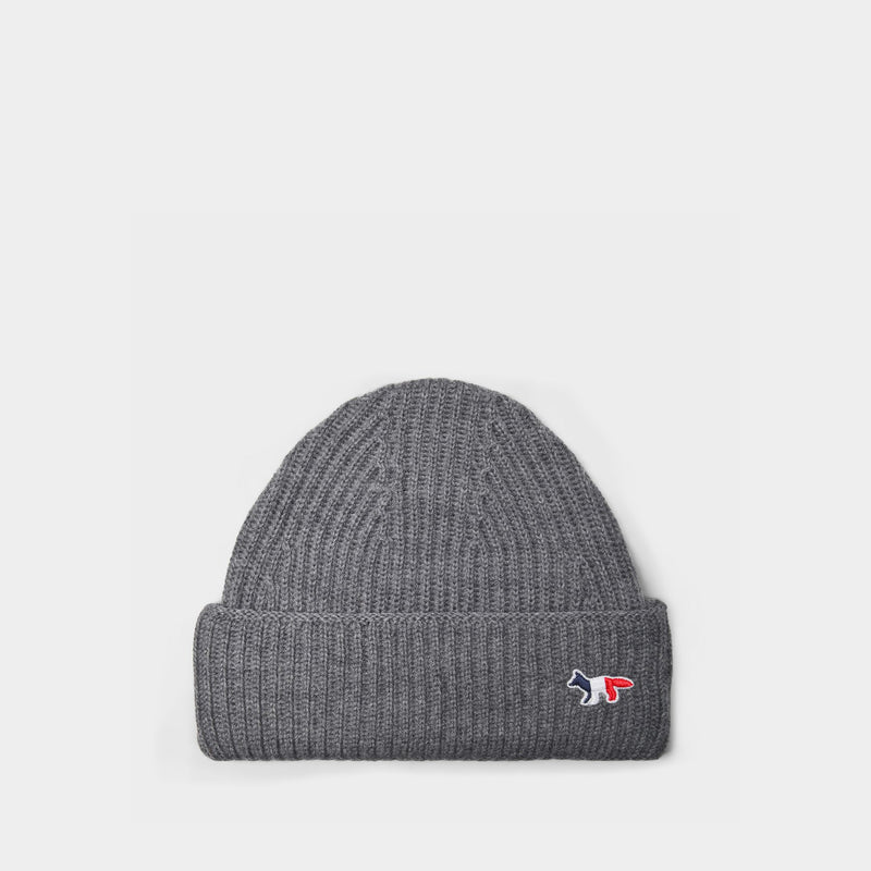 Ribbed Hat Tricolor Fox Patch in Grey Melange Wool