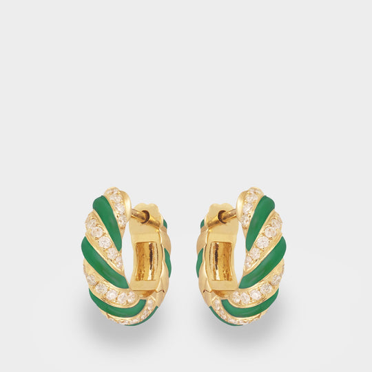 Black Enamel Torsade Hoops in Yellow Gold